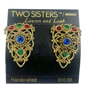 Vintage Multicolor Rhinestone Earrings 1980s 1990s Gold Filigree Two Sisters